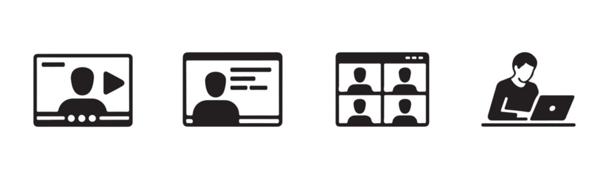 Video conference icons for webinar group meeting online training and remote teamwork presentation.
