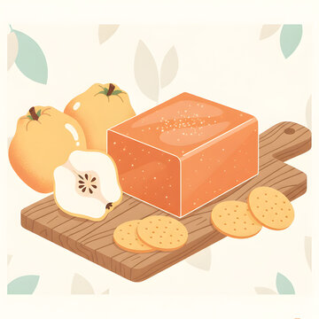 Quince paste block with fresh fruit and crackers on a wooden board
