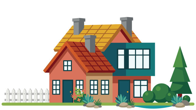 Modern duplex house with garden and fence vector illustration.