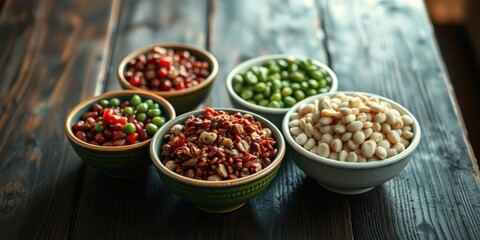 Assortment of legumes and pulses in bowls on wooden surface