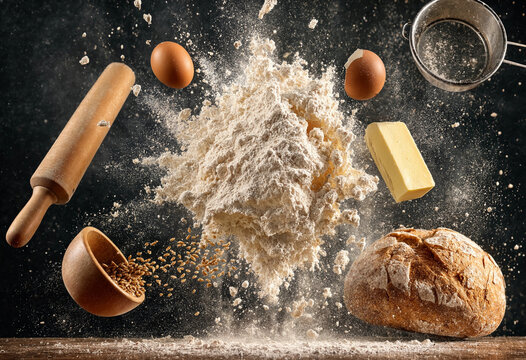 Baking ingredients including flour, eggs, butter, and a loaf of bread exploding in mid-air against a dark textured background, with a sieve