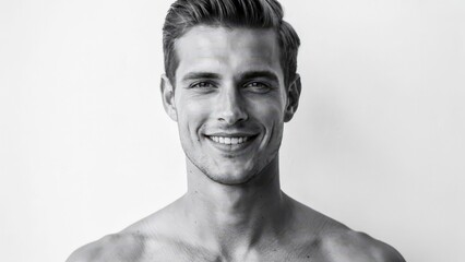 Fototapeta premium Young man smiling confidently in black and white portrait close-up