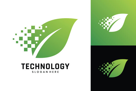 Modern green technology logo digital leaf pixel