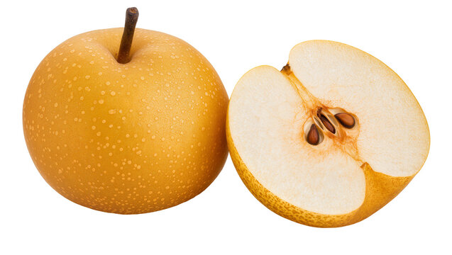 Whole and halved Asian pear with visible seeds and stem