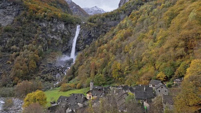 Aerial Drone View of Foroglio Village and Waterfall in Autumn, Val Bavona, Canton Ticino, Switzerland