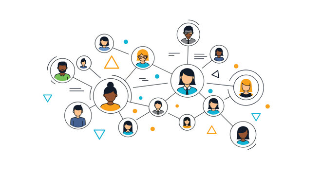 Conceptual social network graph showing diverse people profile icons connected by lines and geometric shapes on a white background.