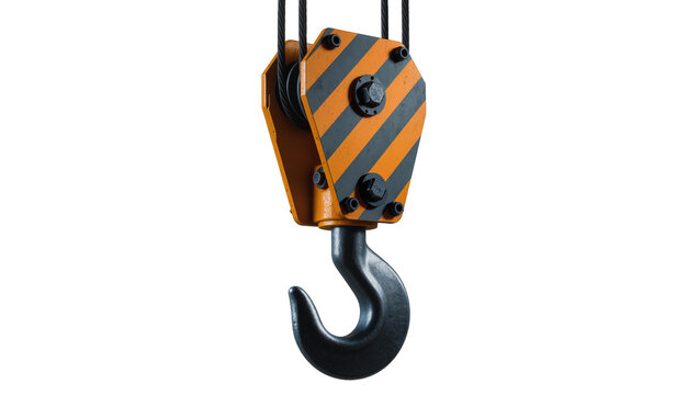 Heavy duty crane hook with orange and gray striped pulley block