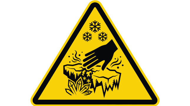 Yellow triangular caution sign featuring a black graphic illustration of a human hand touching frozen ice crystals to warn about dangerous extreme cold weather conditions