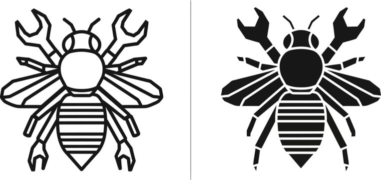 Stylized bee with wrench arms in silhouette and outline styles on white background