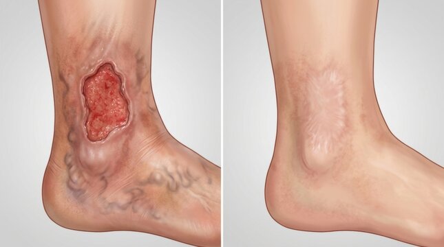Comparison of an ulcerated leg with varicose veins and a healed scar