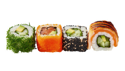 Four assorted sushi rolls with avocado salmon, and cucumber © Hannah