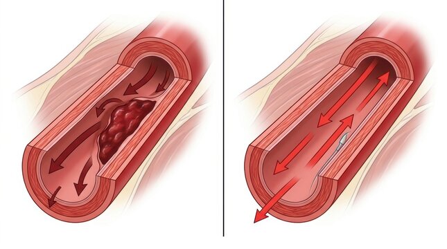 Illustration of a blood clot obstructing an artery and a stent restoring blood flow