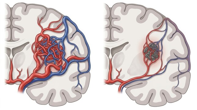 Illustration comparing a healthy brain vascular system to a brain with an arteriovenous malformation