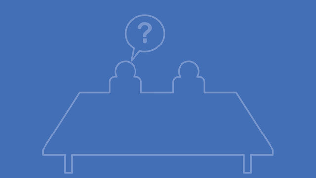 Discussion takes place between two people at a table with a question mark showing ongoing conversation in a simple setting