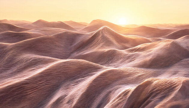 Golden desert landscape with rolling sand dunes under a warm sunset sky creating soft shadows and textures across the vast sandy terrain