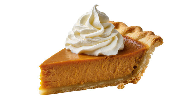 Slice of pumpkin pie with whipped cream topping