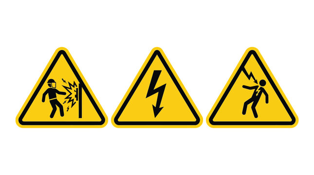 Three yellow triangular safety warning signs featuring black icons representing electric shock hazards and high voltage danger depicted in a clean flat vector graphic style design