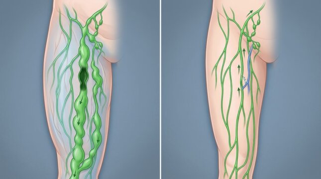 Diagram illustrating lymphatic system function and blockage in the leg