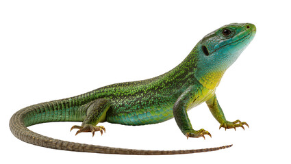 Naklejka premium Green and blue lizard with yellow throat and scaly skin