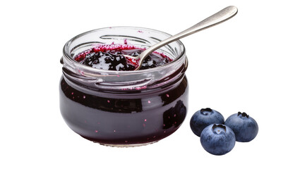 Glass jar of blueberry jam with spoon and fresh blueberries © Hannah