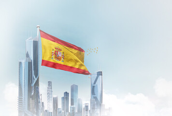 Spain flag waving with modern futuristic buildings. Spain national flag beautifully waving in the sky.