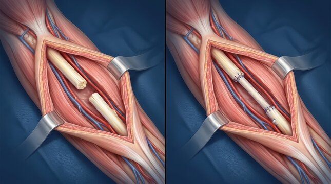 Surgical repair of a severed tendon with a graft, before and after