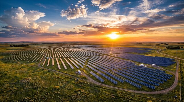 Solar Power Project at Sunset with Vast Solar Panel Array in Open Field