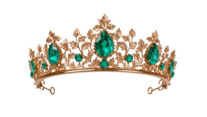 Ornate gold tiara with large pear-shaped emeralds and small round emeralds © Hannah