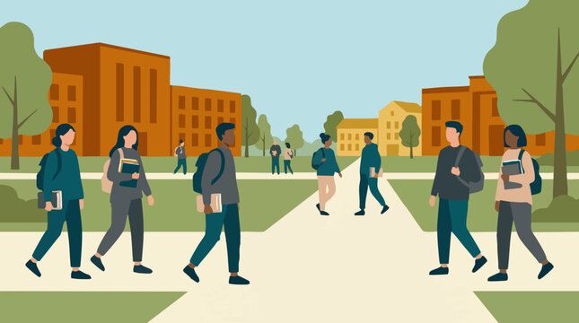 Diverse college students walking on university campus pathways illustration