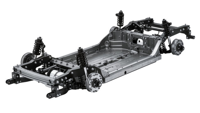 Automotive chassis with suspension and wheels
