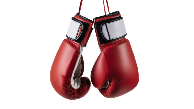 Pair of red leather boxing gloves hanging
