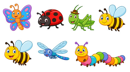 Fototapeta premium Cartoon insect collection with butterfly bee ladybug and caterpillar