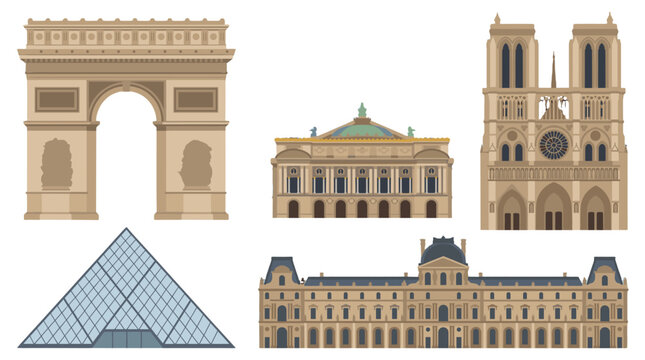 Vector set of famous Paris landmarks and historic buildings