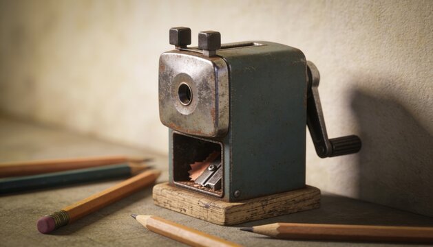 Vintage pencil sharpener wall on stacked books with pencils in warm study light