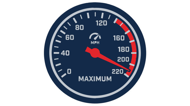 Close-up of car speedometer gauge with red needle on maximum speed limit, dashboard instrument panel detail