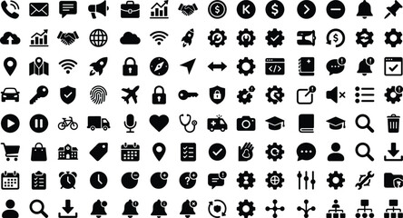 Obraz premium Minimalist black solid icon collection mega set for business web development application interface project financial dashboard marketing presentation navigation.