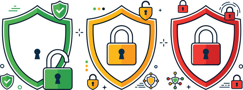 Cyber security shield and padlock concept vector illustration showing data protection levels safety status system clearance authorization dashboard element.