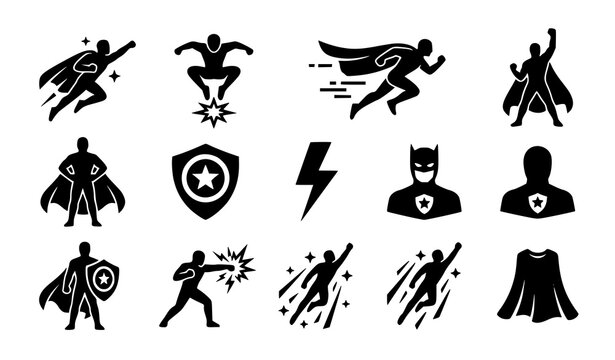 Superhero action silhouette icon set with heroic poses and symbolic elements