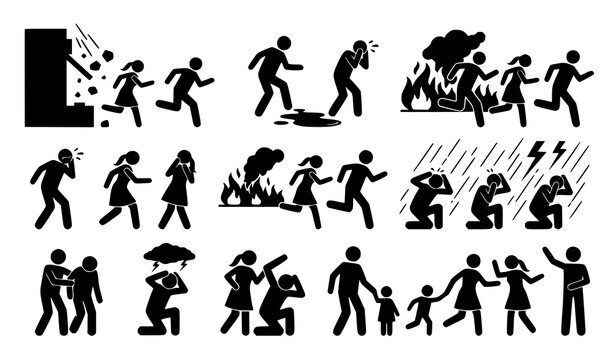 People escaping hazardous situations silhouette vector set for emergency preparedness