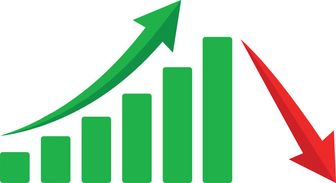 Financial growth and economic crisis concept vector illustration showing bar chart with rising green arrow and falling red arrow.