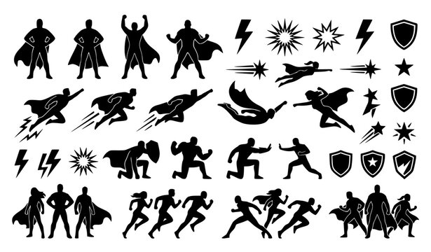 Generic superhero silhouette collection with action poses and heroic symbols