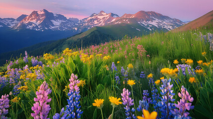 Fototapeta premium Pastel Alpine Wildflower Tapestry Beneath Rose Lit Peaks at Twilight