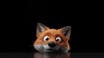 Obraz premium Cute red fox cartoon character peeking over table on black background. Funny 3D animal portrait with big curious eyes looking at camera. Playful digital art illustration for creative children design.