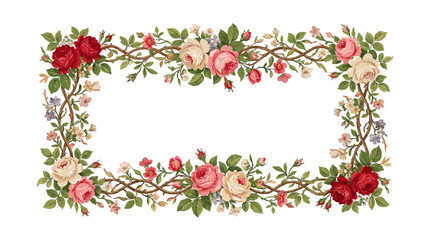 Obraz premium Vintage floral rose border frame with blossoms and leaves