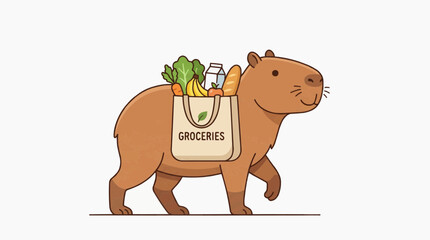 Fototapeta premium Cute Capybara Carrying a Grocery Bag Full of Fresh Food and Bread on its Back in white background.