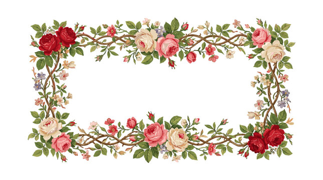 Vintage floral rose border frame with blossoms and leaves