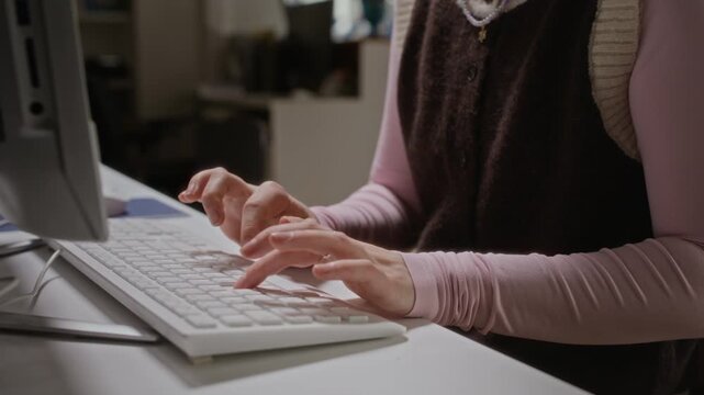 Close up on hands of Caucasian female teenager typing on computer keyboard in library. Footage ideal for educational marketing, online learning platforms, and student technology campaigns