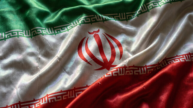 Wavy national flag of Iran rippling on textured silk fabric