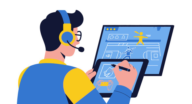 Game Developer Designing Video Game Characters on Graphics Tablet and Monitor, Flat Vector Illustration of Creative Professional Workspace