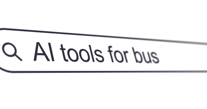 Typing phrase AI tools for business into search box, looking for AI-powered assistant tools, search bar close-up, footage
